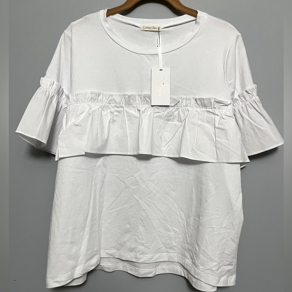 Cotton Bleu white t-shirt with ruffle detail on chest and sleeves